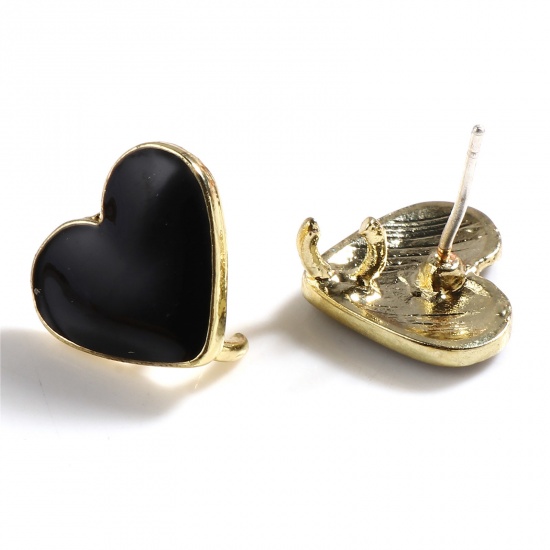 Image de Boucles d'Oreilles Puces La Saint Valentin en Alliage de Zinc Cœur Noir Doré Boucle Ouvert 13mm x 11mm, Epaisseur de Fil: (21 gauge), 4 Pcs
