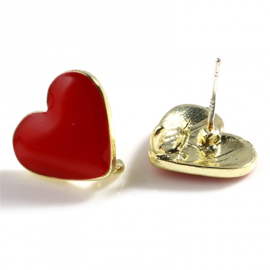 Image de Boucles d'Oreilles Puces La Saint Valentin en Alliage de Zinc Cœur Rouge Doré Boucle Ouvert 13mm x 11mm, Epaisseur de Fil: (21 gauge), 4 Pcs