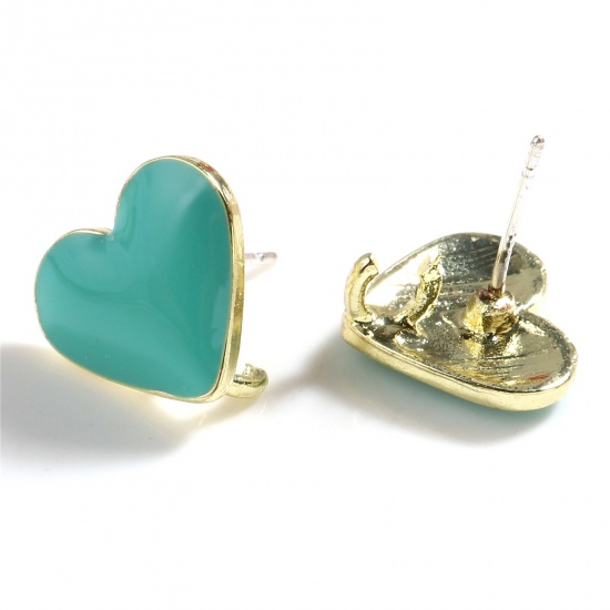 Picture of Zinc Based Alloy Valentine's Day Ear Post Stud Earrings Findings Heart Gold Plated Cyan W/ Open Loop Enamel 13mm x 11mm, Post/ Wire Size: (21 gauge), 4 PCs