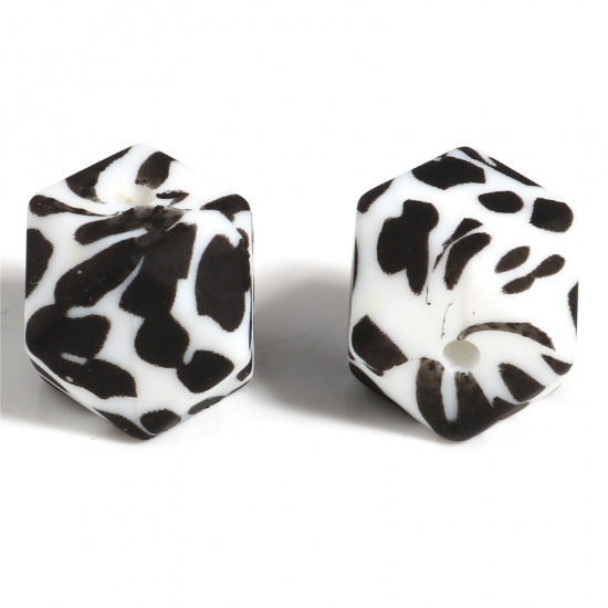 シリコーン ビーズ 幾何学 黒 + 白 ヒョウ柄柄 ファセットカット 約 14mm x 14mm、 穴：約 2.5mm、 5 個 の画像