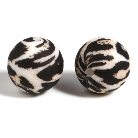 Picture of Silicone Spacer Beads Round Black & White Leopard Print Pattern About 15mm Dia, Hole: Approx 2.5mm, 5 PCs