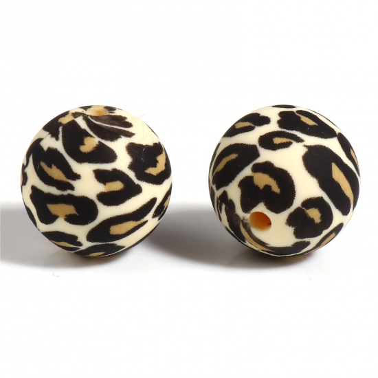 Picture of Silicone Spacer Beads Round Black & Beige Leopard Print Pattern About 15mm Dia, Hole: Approx 2.5mm, 5 PCs