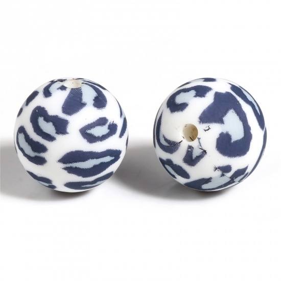 Picture of Silicone Spacer Beads Round White & Blue Leopard Print Pattern About 15mm Dia, Hole: Approx 2.5mm, 5 PCs