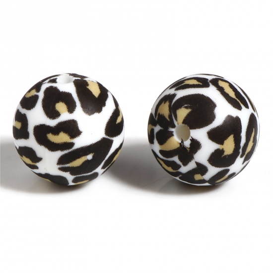 Picture of Silicone Spacer Beads Round Black & White Leopard Print Pattern About 15mm Dia, Hole: Approx 2.5mm, 5 PCs