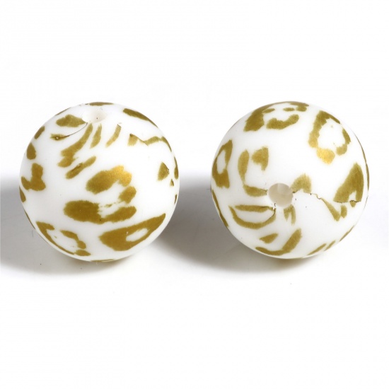 Picture of Silicone Spacer Beads Round White & Golden Leopard Print Pattern About 15mm Dia, Hole: Approx 2.5mm, 5 PCs