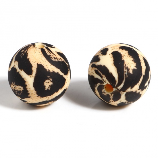 Picture of Silicone Spacer Beads Round Brown & Black Leopard Print Pattern About 15mm Dia, Hole: Approx 2.5mm, 5 PCs