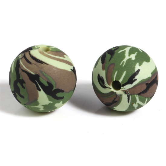 Picture of Silicone Spacer Beads Round Green & Gray Camouflage Pattern About 15mm Dia, Hole: Approx 2.5mm, 5 PCs