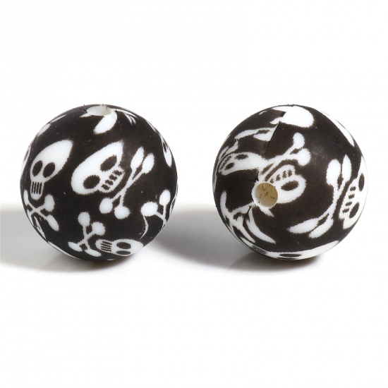 Picture of Silicone Halloween Spacer Beads Round Black & White Skeleton Skull Pattern About 15mm Dia, Hole: Approx 2.5mm, 5 PCs