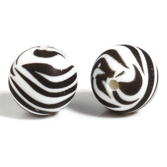 Picture of Silicone Spacer Beads Round Black & White Zebra Stripe Pattern About 15mm Dia, Hole: Approx 2.5mm, 5 PCs