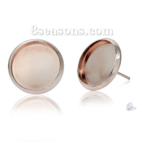 Picture of Brass Ear Post Stud Earrings Cabochon Settings Round Rose Gold (Fits 12mm Dia) 14mm( 4/8") x 13mm( 4/8"), Post/ Wire Size: (21 gauge), 10 PCs                                                                                                                 