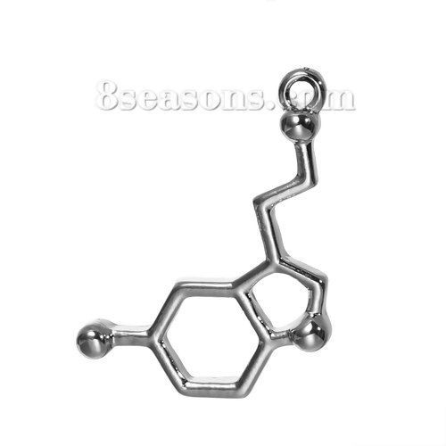 Picture of 10 PCs Zinc Based Alloy Molecule Chemistry Science Charms Silver Tone Serotonin 25mm x 13mm