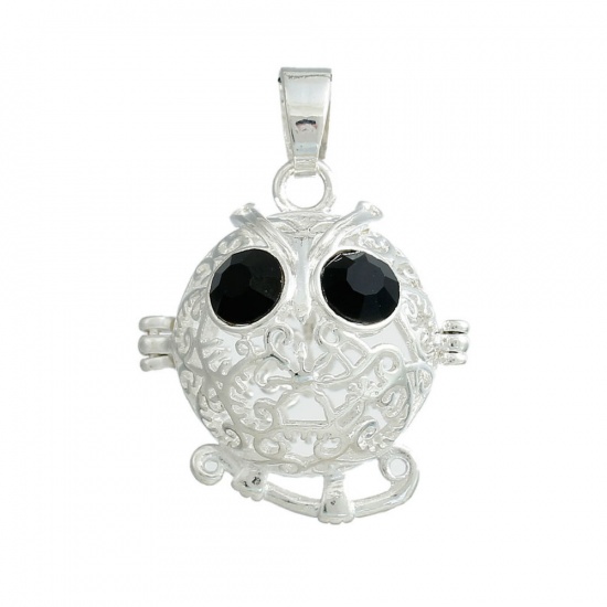 Picture of Copper Mexican Angel Caller Bola Harmony Ball Wish Box Pendants Silver Tone Halloween Owl Hollow Carved Black Rhinestone Can Open (Fit Bead Size: 16mm) 3.6cm x2.6cm(1 3/8" x1") - 3.5cm x2.6cm(1 3/8" x1"), 1 Piece