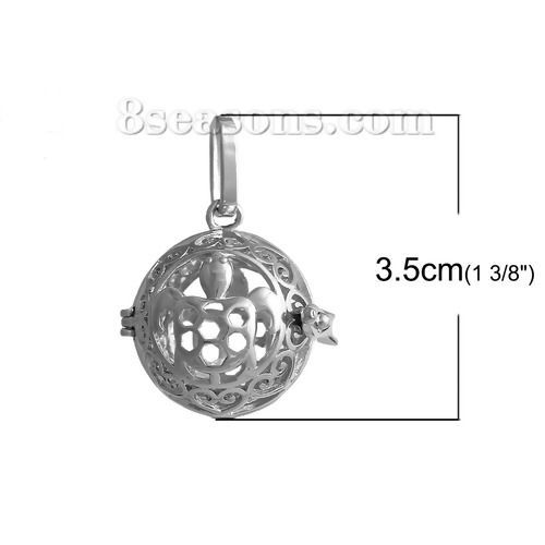 Picture of Ocean Jewelry Copper Mexican Angel Caller Bola Harmony Ball Wish Box Pendants Round Silver Tone Tortoise Carved Can Open (Fit Bead Size: 16mm) 3.5cm(1 3/8") x 2.5cm(1"), 1 Piece
