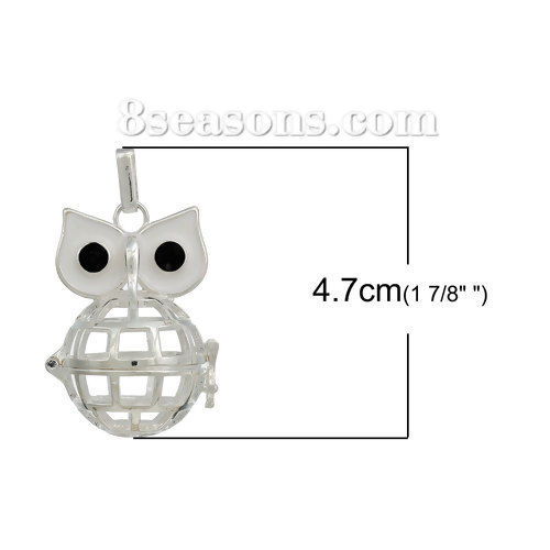 Picture of Copper Mexican Angel Caller Bola Harmony Ball Wish Box Pendants Silver Plated Owl Eye White Enamel Black Rhinestone Can Open (Fit Bead Size: 20mm) 47mm(1 7/8") x 28mm(1 1/8"), 1 Piece