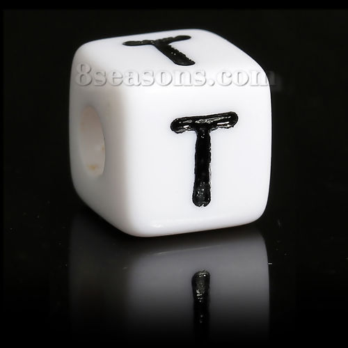 Picture of Acrylic Spacer Beads Cube Black & White Enamel Alphabet/ Letter " T " Pattern About 10mm x 10mm, Hole: Approx 3.9mm, 50 PCs