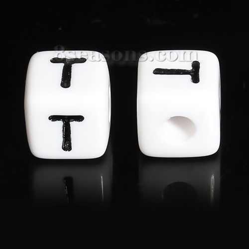 Picture of Acrylic Spacer Beads Cube Black & White Enamel Alphabet/ Letter " T " Pattern About 10mm x 10mm, Hole: Approx 3.9mm, 50 PCs