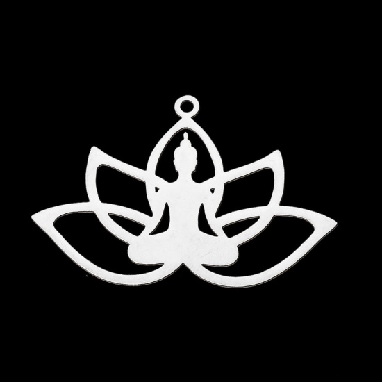Imagen de Acero Inoxidable Religión Colgantes Buda Tono de Plata Flor de Loto 3.7cm x 2.5cm, 1 Unidad