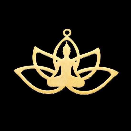 Image de Pendentifs en Acier Inoxydable Religieux Bouddha Doré Fleur de Lotus 3.7cm x 2.5cm , 1 Pièce