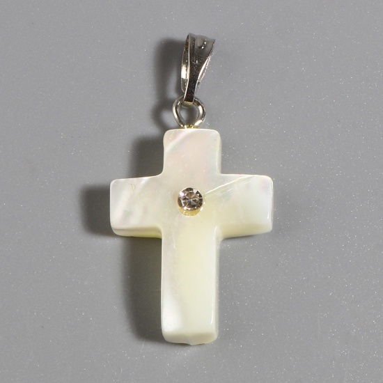 Picture of Natural Shell Religious Pendants Silver Tone Cross Creamy-White Clear Rhinestone 30mm x 15mm, 5 PCs