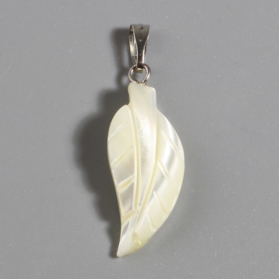 Picture of Natural Shell Pendants Silver Tone Feather Creamy-White 34mm x 10mm, 5 PCs