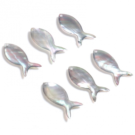 Immagine di Naturale Conchiglia Gioielli Oceanici Charms Pesce Grigio Scuro 25mm x 10mm, 2 Pz