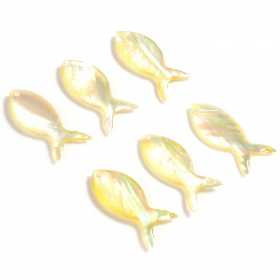 Picture of Natural Shell Ocean Jewelry Charms Fish Animal Yellow 25mm x 10mm, 2 PCs