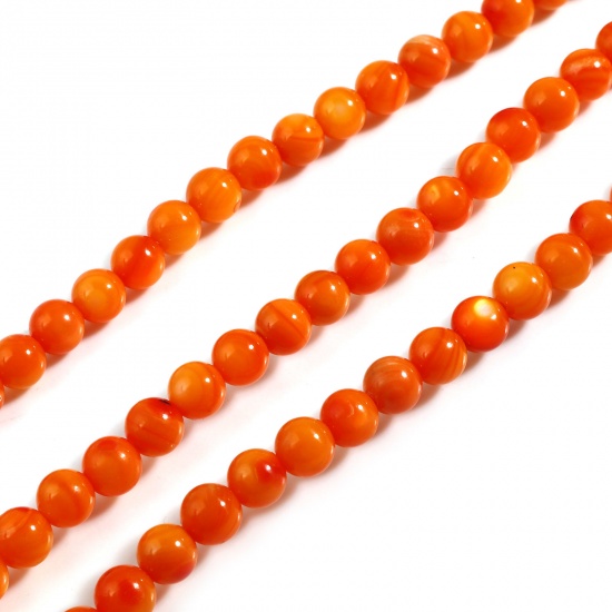 Picture of Natural Shell Loose Beads Round Orange Dyed About 6mm Dia, Hole:Approx 1mm, 38cm(15") - 37.5cm(14 6/8") long, 1 Strand (Approx 59 PCs/Strand)
