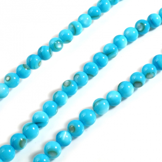 Picture of Natural Shell Loose Beads Round Blue Dyed About 6mm Dia, Hole:Approx 1mm, 38cm(15") - 37.5cm(14 6/8") long, 1 Strand (Approx 59 PCs/Strand)
