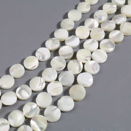 Picture of Natural Shell Loose Beads Flat Round Creamy-White About 6mm Dia, Hole:Approx 0.8mm, 40cm(15 6/8") - 39.5cm(15 4/8") long, 1 Strand (Approx 65 PCs/Strand)