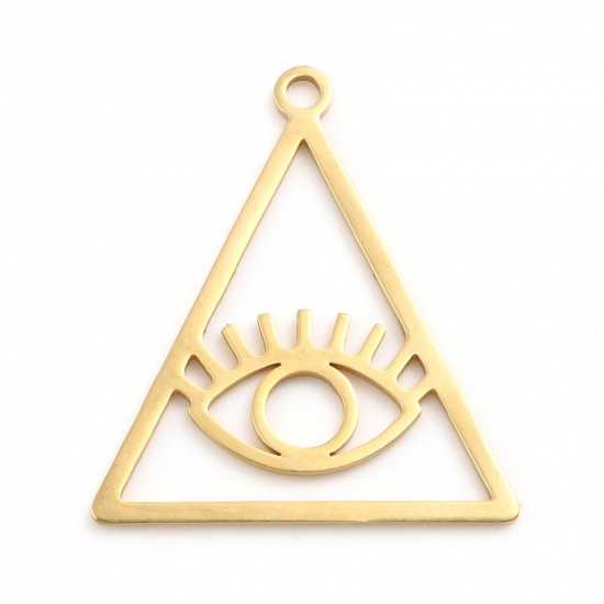 Imagen de Acero Inoxidable Religión Colgantes Triángulo Chapado en Oro Ojo de la Providencia/Ojo que Todo lo Ve Hueco 30mm x 27mm, 2 Unidades
