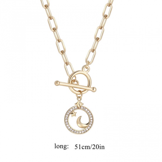 Picture of 1 Piece Eco-friendly Vacuum Plating Stylish Galaxy 18K Real Gold Plated Copper & Rhinestone Paperclip Chain Half Moon Star Pendant Necklace For Women Party 51cm(20 1/8") long