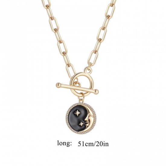 Picture of 1 Piece Eco-friendly Vacuum Plating Stylish Galaxy 18K Real Gold Plated Black Copper & Rhinestone Paperclip Chain Round Moon Enamel Pendant Necklace For Women Party 51cm(20 1/8") long