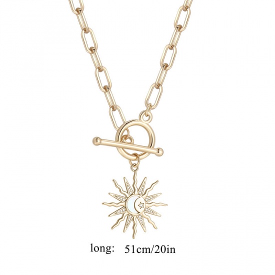 Picture of 1 Piece Hypoallergenic Stylish Galaxy 18K Real Gold Plated Copper & Rhinestone Paperclip Chain Sun Pendant Necklace For Women Party 51cm(20 1/8") long