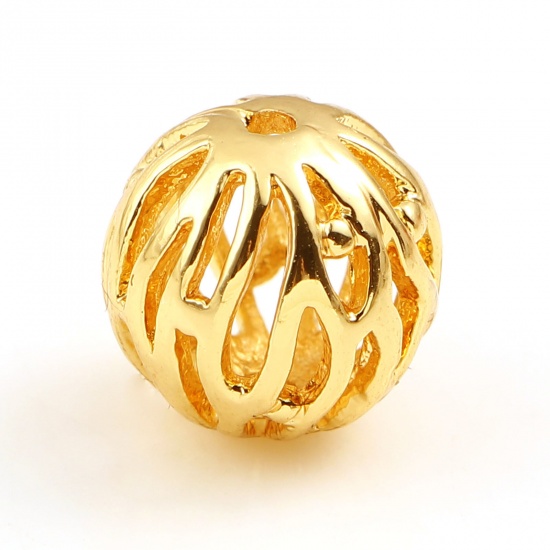 Picture of Brass Beads 18K Real Gold Plated Round Stripe Hollow About 8mm Dia, Hole: Approx 1.2mm, 2 PCs                                                                                                                                                                 