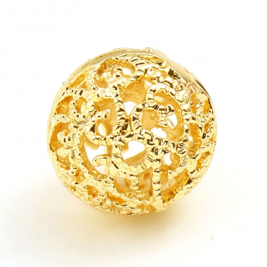 Picture of Brass Beads 18K Real Gold Plated Round Filigree About 10mm Dia, Hole: Approx 1.5mm, 2 PCs                                                                                                                                                                     