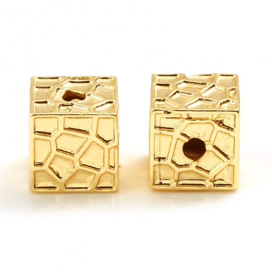 Picture of Brass Beads 18K Real Gold Plated Square Geometric About 6mm x 6mm, Hole: Approx 1.7mm, 2 PCs                                                                                                                                                                  