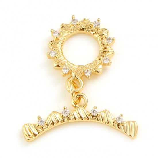Picture of Brass Toggle Clasps 18K Real Gold Plated Sun Clear Rhinestone 28mm x 24mm, 1 Piece                                                                                                                                                                            