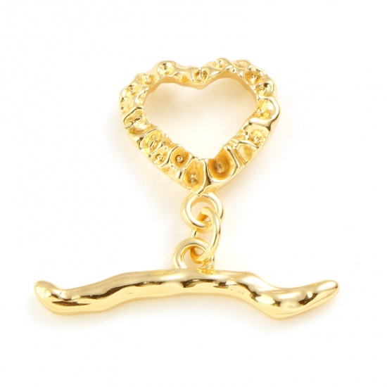 Picture of Brass Toggle Clasps 18K Real Gold Plated Heart Hollow 26mm x 25mm, 1 Piece                                                                                                                                                                                    