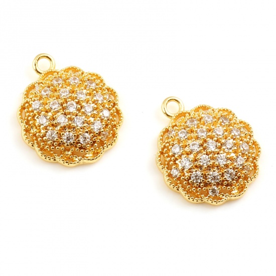 Immagine di Ottone Micro Intarsio Charms Tondo 18K Vero Oro Placcato Trasparente Strass 16mm x 13mm, 1 Pz