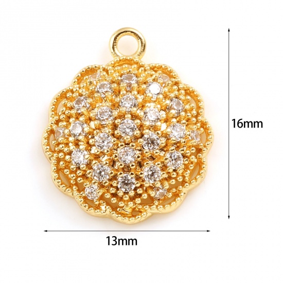 Immagine di Ottone Micro Intarsio Charms Tondo 18K Vero Oro Placcato Trasparente Strass 16mm x 13mm, 1 Pz