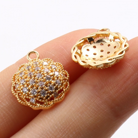 Immagine di Ottone Micro Intarsio Charms Tondo 18K Vero Oro Placcato Trasparente Strass 16mm x 13mm, 1 Pz