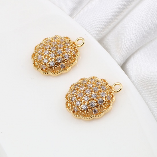 Immagine di Ottone Micro Intarsio Charms Tondo 18K Vero Oro Placcato Trasparente Strass 16mm x 13mm, 1 Pz