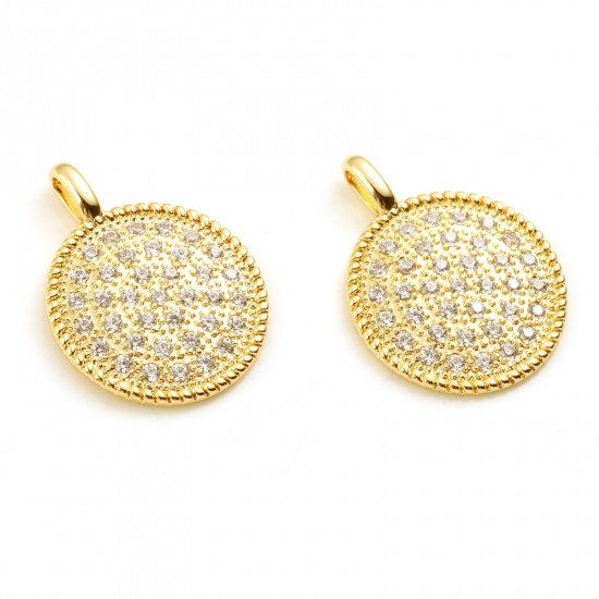 Image de Breloques Micro Pave en Laiton Rond Plaqué Or Véritable 18K à Strass Transparent 25mm x 19mm, 1 Pièce