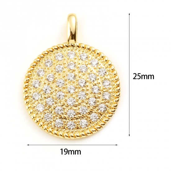 Image de Breloques Micro Pave en Laiton Rond Plaqué Or Véritable 18K à Strass Transparent 25mm x 19mm, 1 Pièce