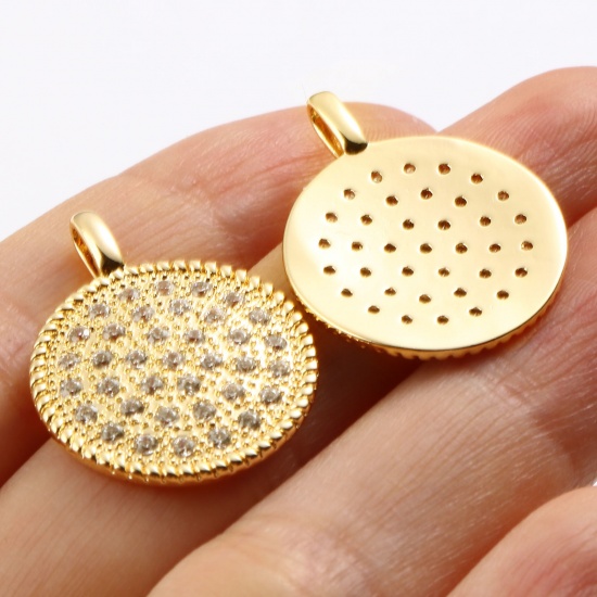 Image de Breloques Micro Pave en Laiton Rond Plaqué Or Véritable 18K à Strass Transparent 25mm x 19mm, 1 Pièce