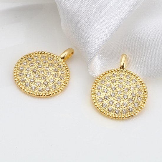 Image de Breloques Micro Pave en Laiton Rond Plaqué Or Véritable 18K à Strass Transparent 25mm x 19mm, 1 Pièce