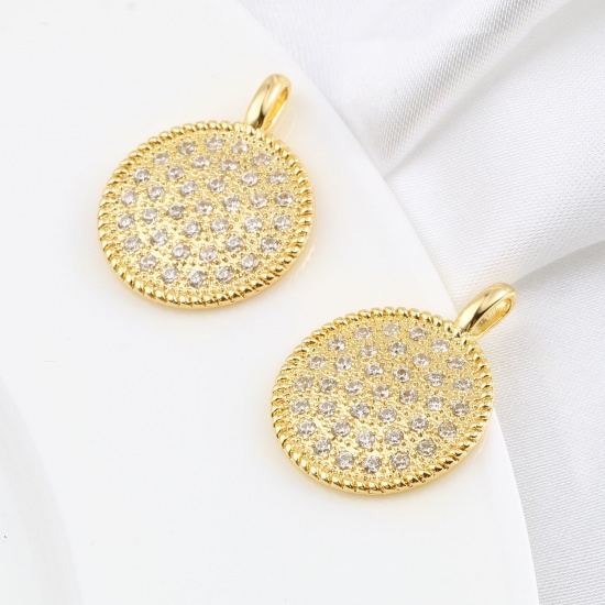 Image de Breloques Micro Pave en Laiton Rond Plaqué Or Véritable 18K à Strass Transparent 25mm x 19mm, 1 Pièce