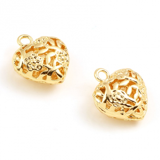 Imagen de Latón día de San Valentín Colgantes Charms Corazón 18K Oro Real Chapado Flor 14mm x 13mm, 5 Unidades