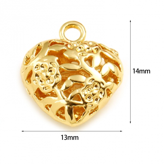 Imagen de Latón día de San Valentín Colgantes Charms Corazón 18K Oro Real Chapado Flor 14mm x 13mm, 5 Unidades