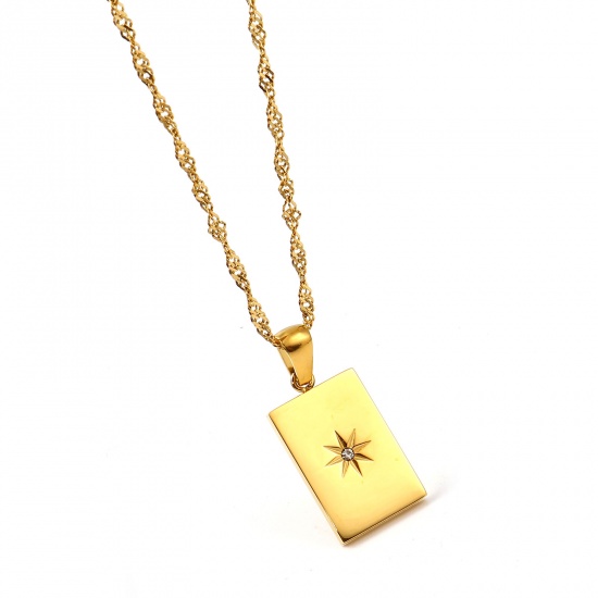 Picture of Eco-friendly Simple & Casual Galaxy 18K Real Gold Plated 304 Stainless Steel Flower Chain Necklace Rectangle Star Pendant Necklace For Women Party 41cm(16 1/8") long, 1 Piece
